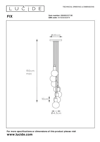 Lucide FIX - Hanglamp - 7xE27 - Zwart - technisch